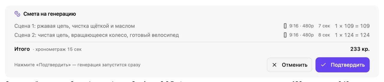 Карточка сметы на генерацию видеосцен